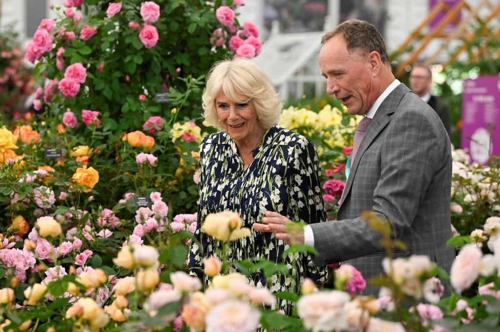 Queen Camilla admires the roses in the David Austin garden