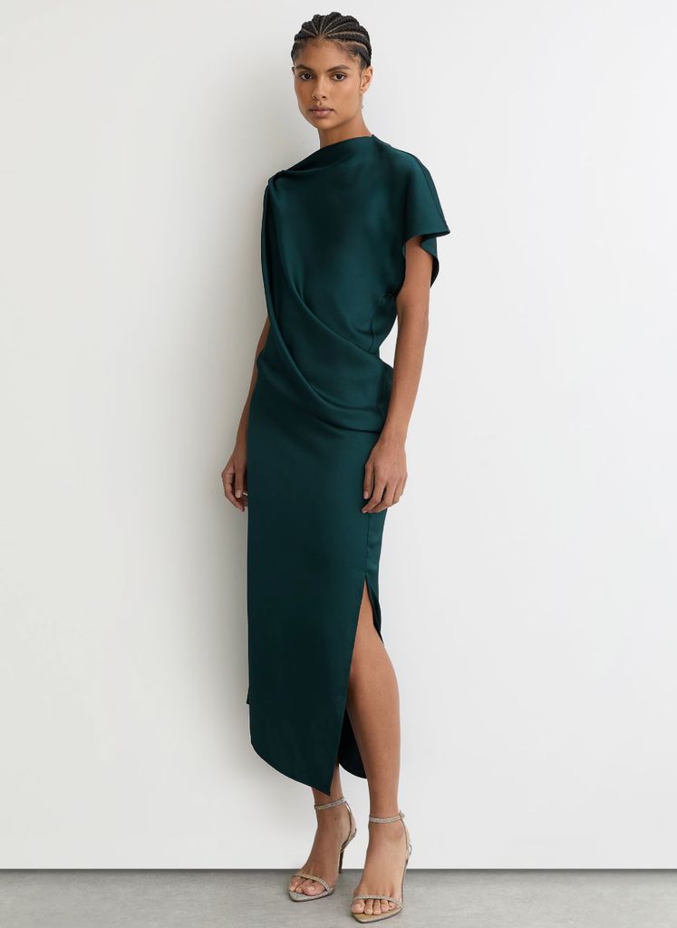 Reiss 'Kenzie' Satin Asymmetric Draped Midi Dress in Teal Green