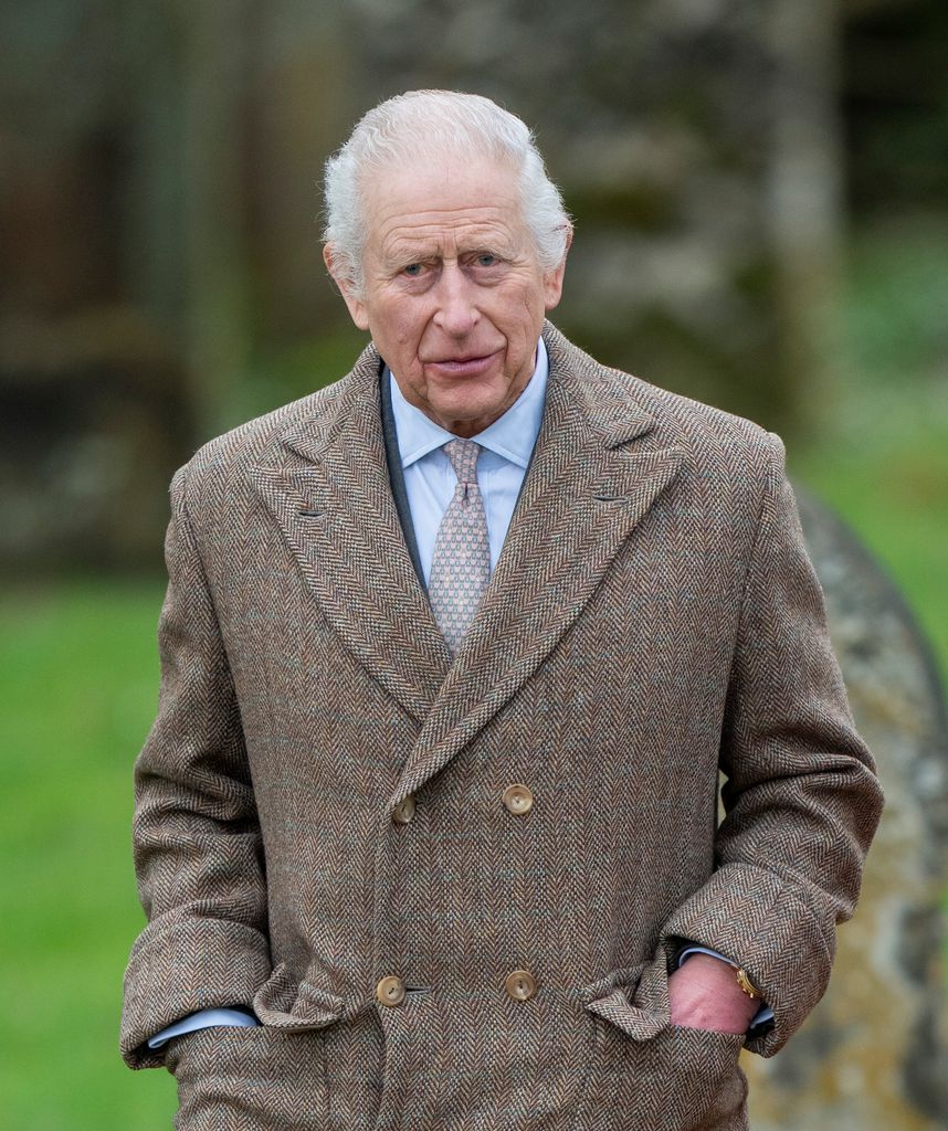 King Charles III attends the Sunday service at the Church of St Mary the Virgin, close to the Sandringham Estate on January 26, 2025 in Flitcham, England