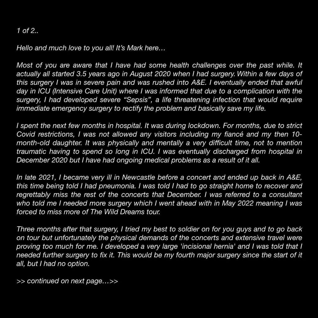 a statement from Mark Feehily about his health in February 2024