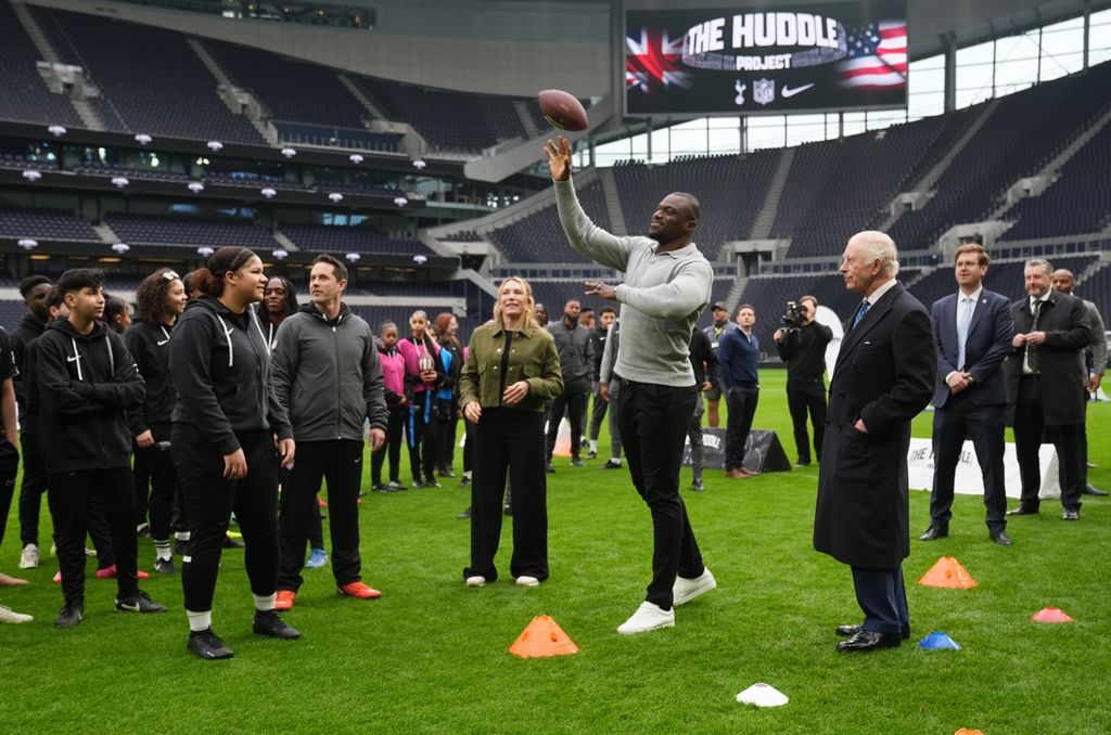 King Charles III arrives for a visit to Tottenham Hotspur Stadium, north London, to celebrate the positive charitable work being done within the local community, in partnership with Tottenham Hotspur F.C. and the National Football League (NFL). Picture date: Wednesday February 12, 2025. (Photo by Lucy North/PA Images via Getty Images)