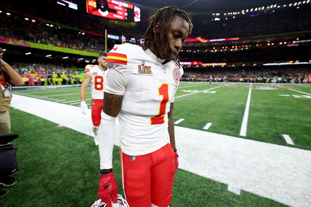 Xavier Worthy #1 of the Kansas City Chiefs walks off the field after Philadelphia beat the Kansas City Chiefs 40-22 during Super Bowl LIX at Caesars Superdome on February 09, 2025 in New Orleans