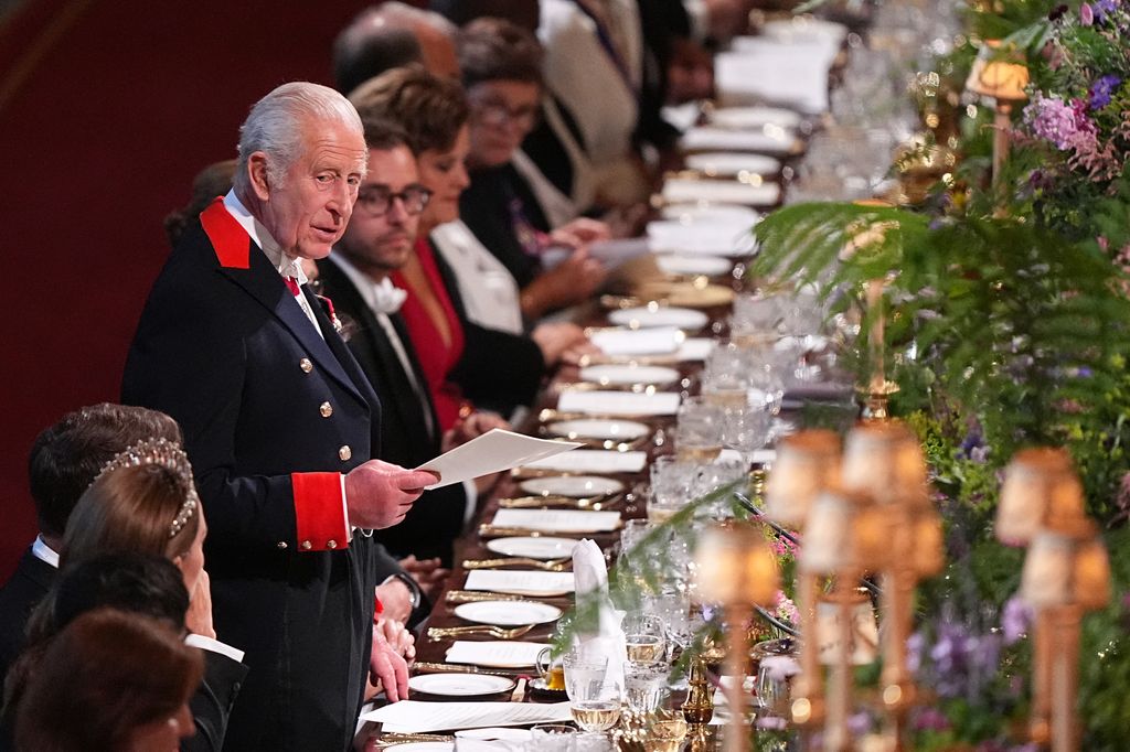 Britain's King Charles III delivers a speech during a State Banquet at Windsor Castle, west of London, on July 8, 2025