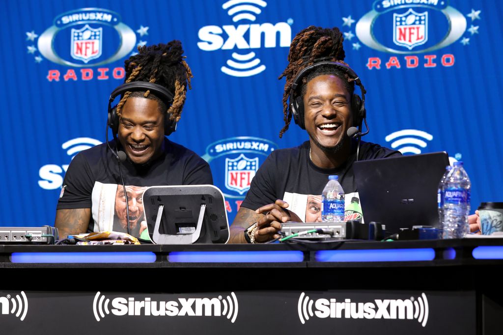MIAMI, FLORIDA - JANUARY 29: Shaquem Griffin and Shaquill Griffin of the Seattle Seahawks speak onstage during day 1 with SiriusXM at Super Bowl LIV on January 29, 2020 in Miami, Florida. (Photo by Cindy Ord/Getty Images for SiriusXM )