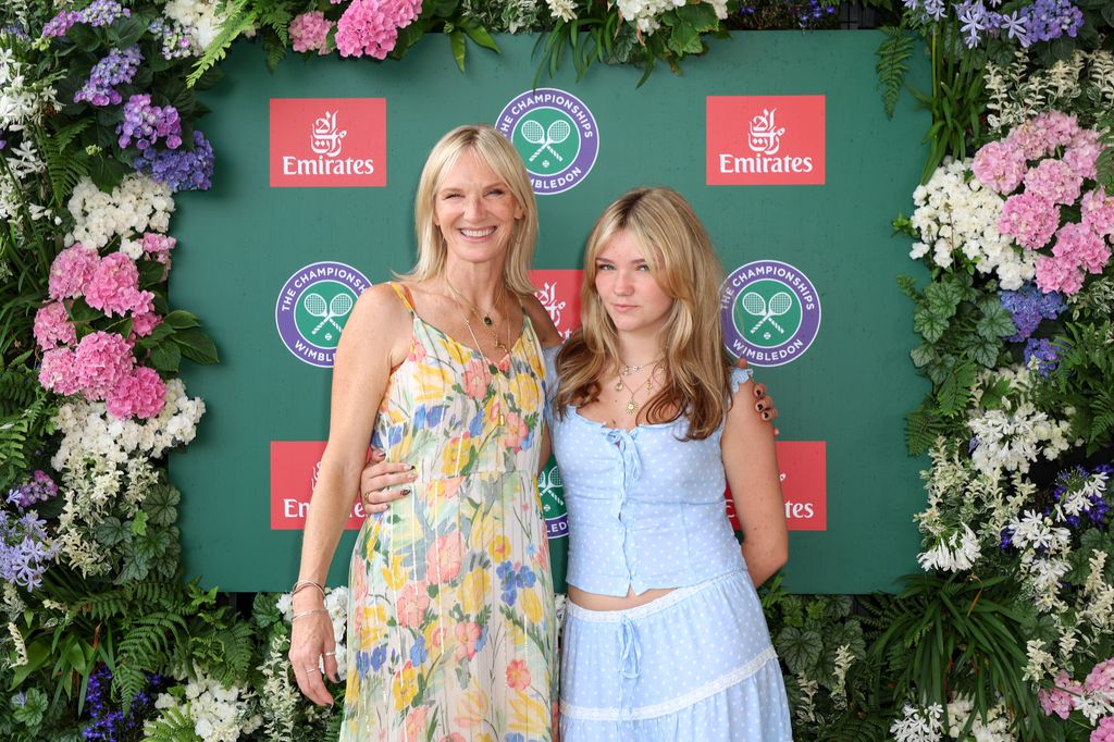 Jo Whiley in floral dress at Emirates suite at Wimbledon