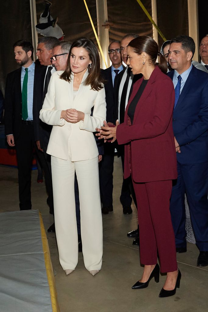 Queen Letizia in white suit with Princess Lalla Meryem of Morocco