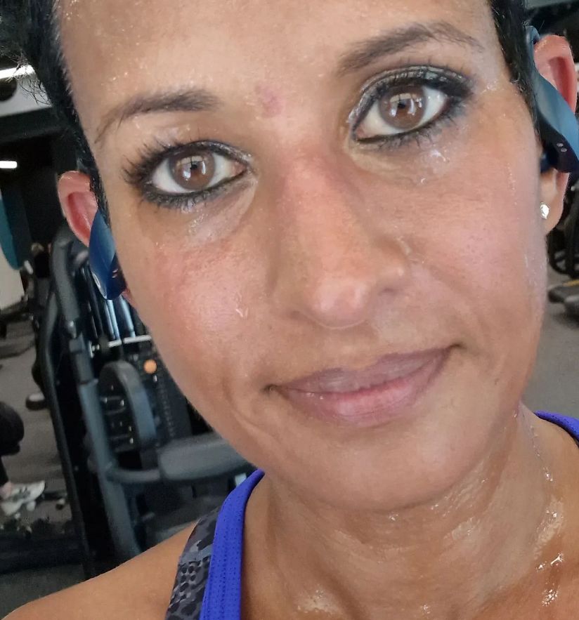 A sweaty Naga Munchetty in a gym