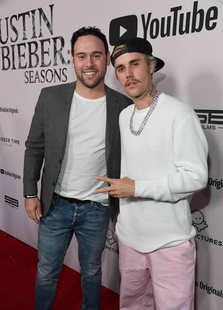 Scooter Braun and Justin Bieber attend YouTube Originals "Justin Bieber: Seasons" premiere at Regency Bruin Theater on January 27, 2020 in Westwood, California