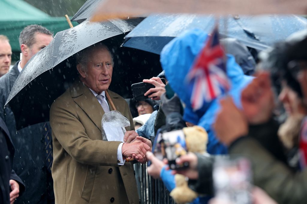 The King took shelter under an umbrella to shake hands