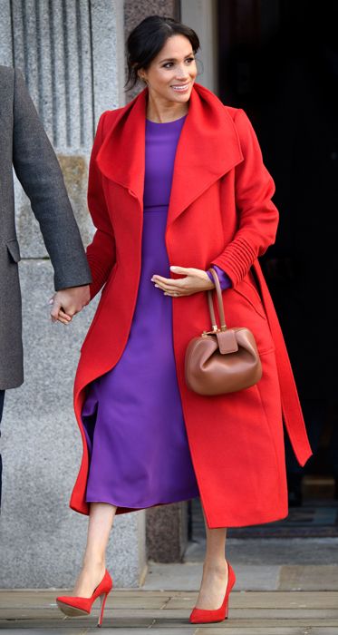 meghan markle red coat purple dress