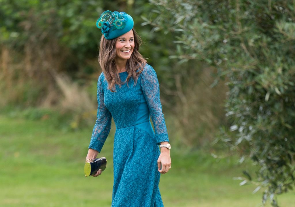 Pippa Middleton wearing blue lace dress 