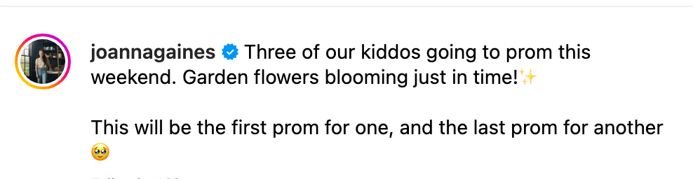 Joanna Gaines revealed it was her daughter Ella's very last prom before graduating 