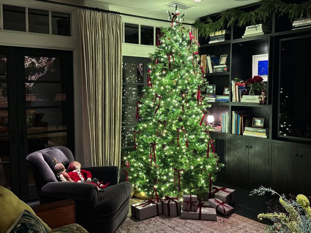 The star's living room features her beautiful lit tree as the centre piece