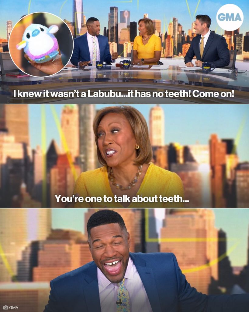 Michael Strahan, Robin Roberts and Whit Johnson jibe over Robin's plush toy on Good Morning America