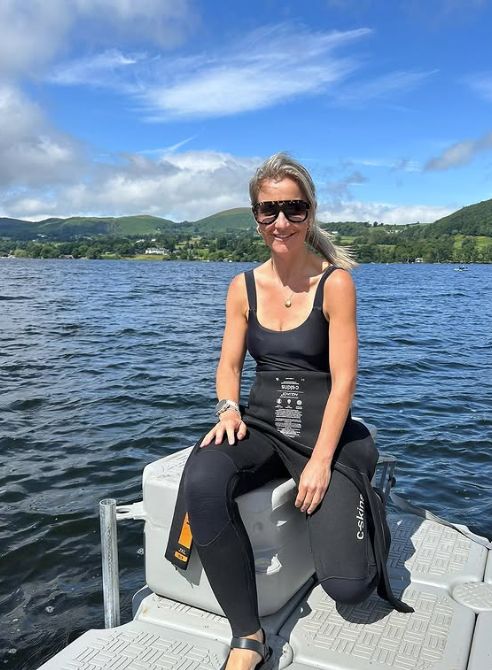 Helen Skelton on the water floating on a pontoon