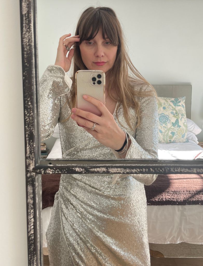 Katherine Robinson wears H&M sequinned Wrap Dress