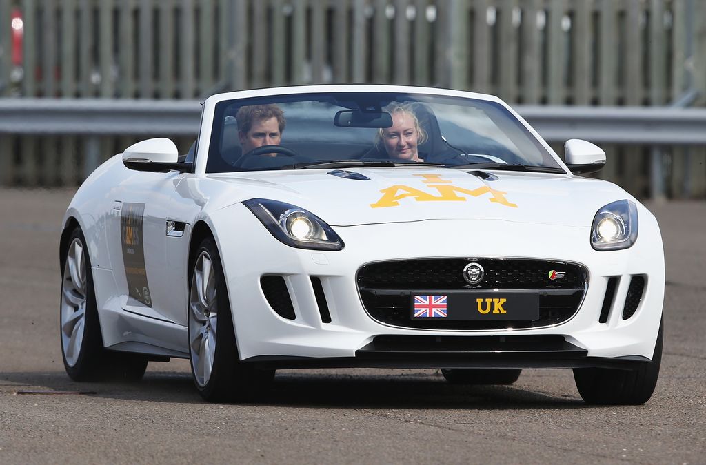 Prince Harry taking part in the 2014 Jaguar Land Rover Driving Challenge in Gaydon, Warwickshire