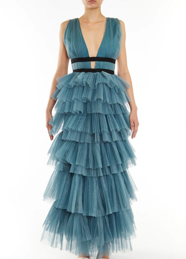 Teal Blue Plunge Tulle Skirt Maxi-Dress - True Decadence 