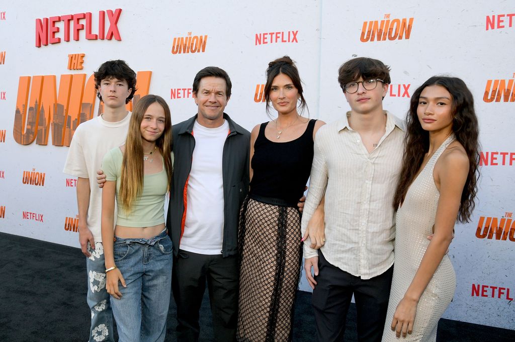 Brendan Joseph Wahlberg, Grace Margaret Wahlberg, Mark Wahlberg, Rhea Durham, Michael Wahlberg and Sunni Gaines attend "The Union" premiere at The Egyptian Theatre Hollywood on August 12, 2024 in Los Angeles, California