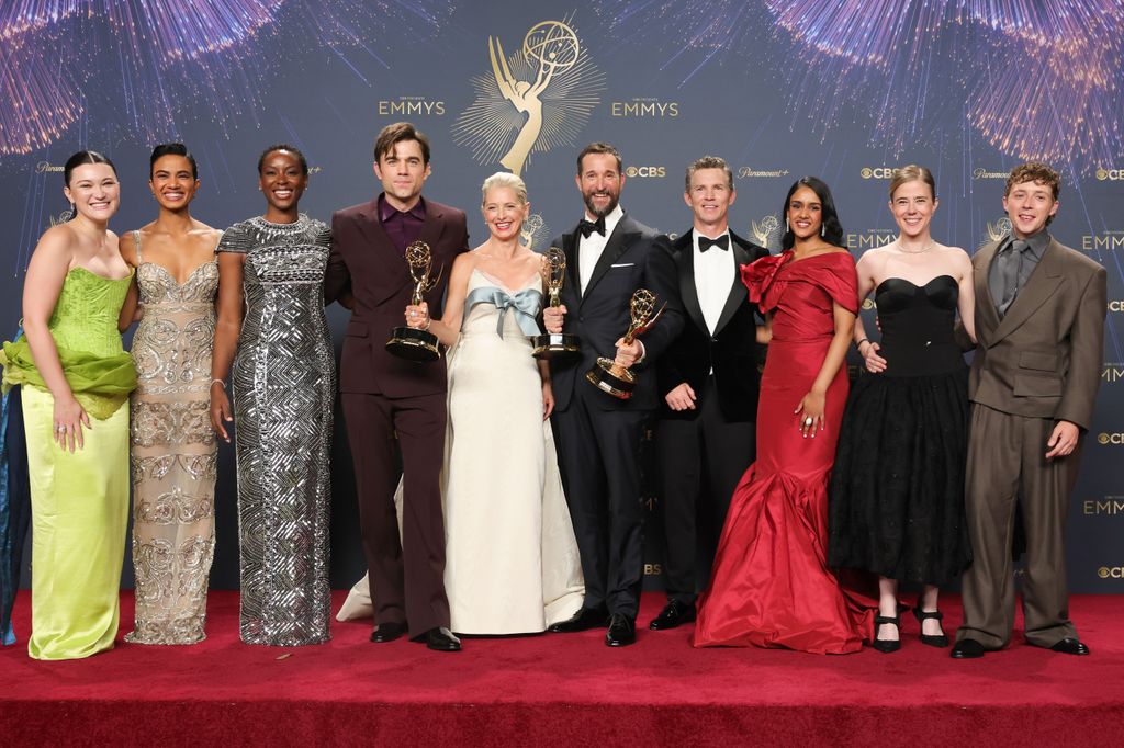 Isa Briones, Supriya Ganesh, Tracy Ifeachor, Patrick Ball, Katherine LaNasa, Noah Wyle, Shawn Hatosy, Shabana Azeez, Taylor Dearden, and Gerran Howell, winners of Outstanding Drama Series, Lead Actor in a Drama Series, Outstanding Supporting Actress in a Drama Series, and Outstanding Actor in a Drama Series for "The Pitt," pose in the press room 