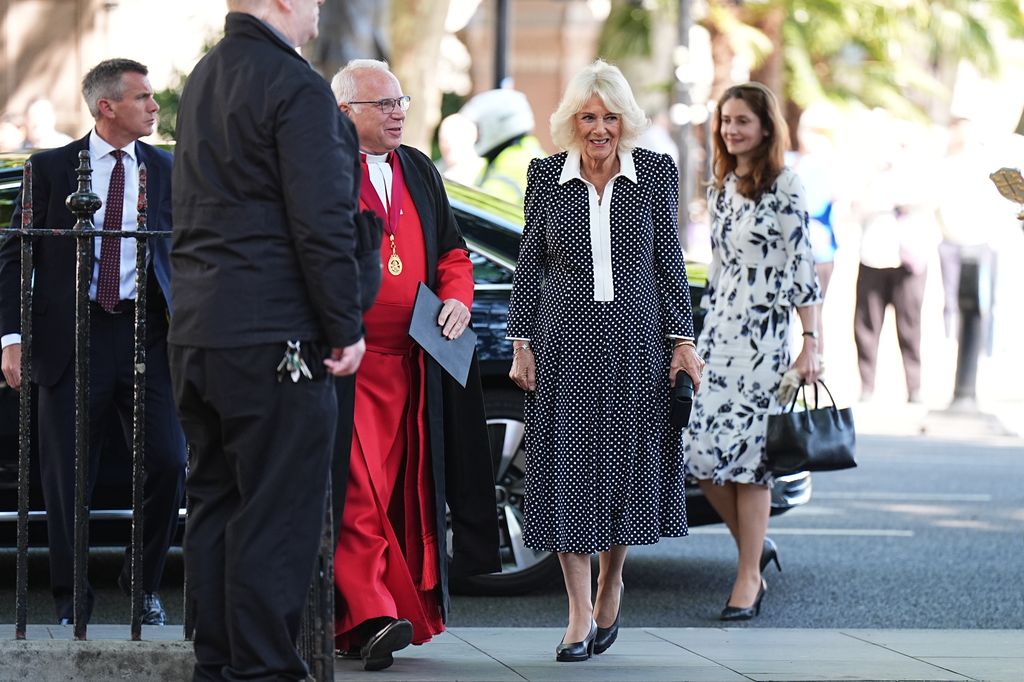 Queen Camilla arrives to unveils the foundation stone for the King Charles III Sacristy at Westminster Abbey