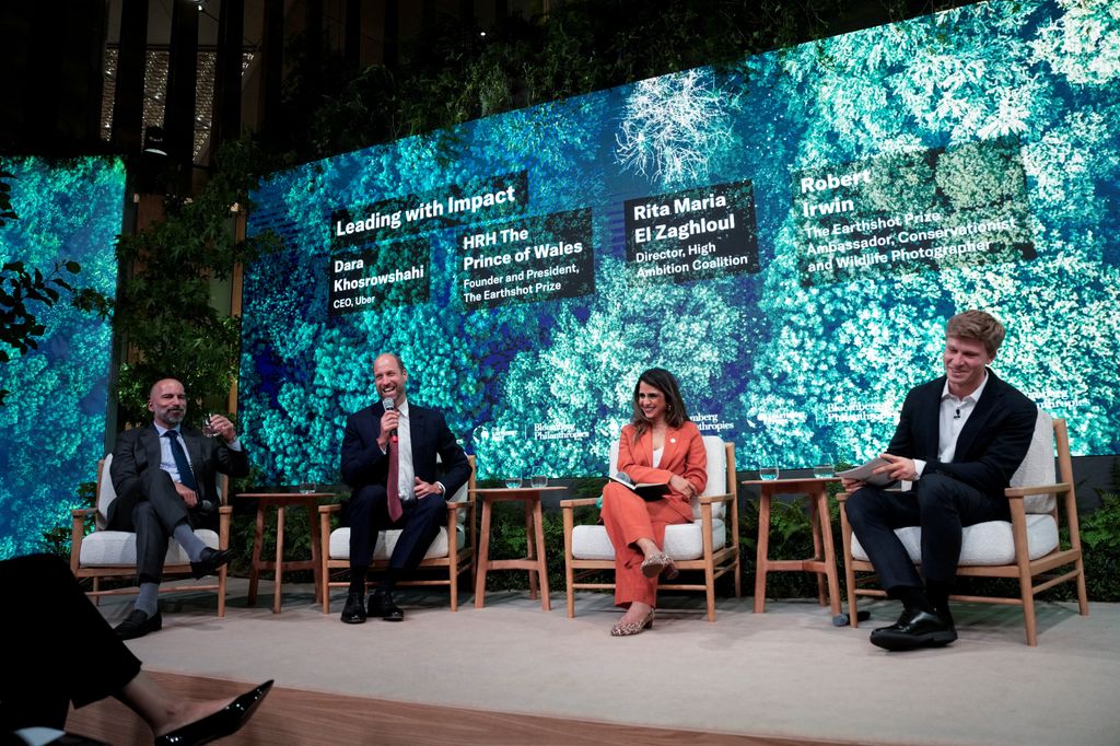 Dara Khosrowshahi, CEO of Uber, Prince William, Prince of Wales, Founder and President of Earthshot Prize, Rita Maria El Zaghloul, Director at High Ambition Coalition and Robert Irwin,