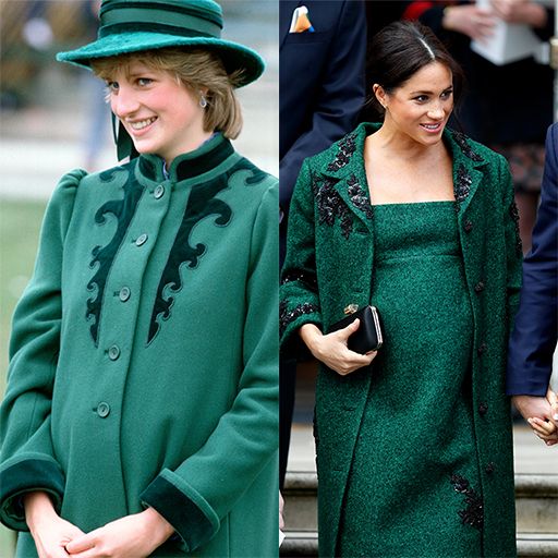 Princesa Diana e Meghan Markle vestindo casacos verdes e pretos