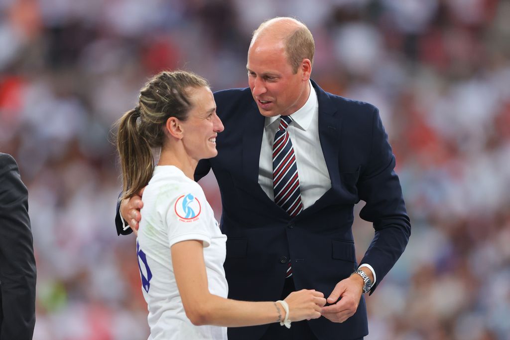 Prince William congratulates Jill Scott during the UEFA Women's Euro England 2022 final match 