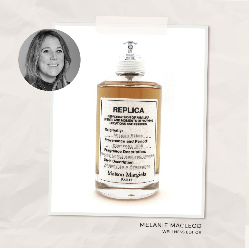 collage of Melanie Macleod and a bottle of Maison Margiela fragrance