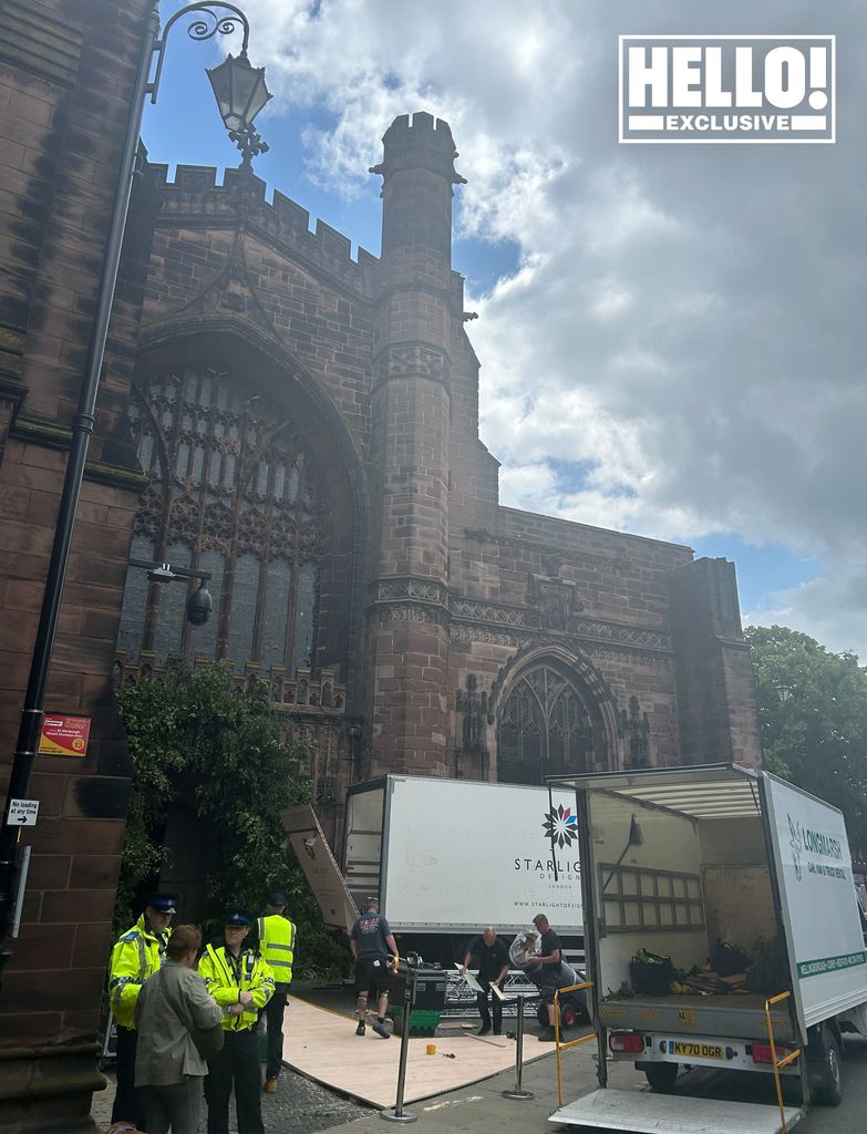 Vans arrive at Chester Cathedral for the Duke of Westminster's wedding