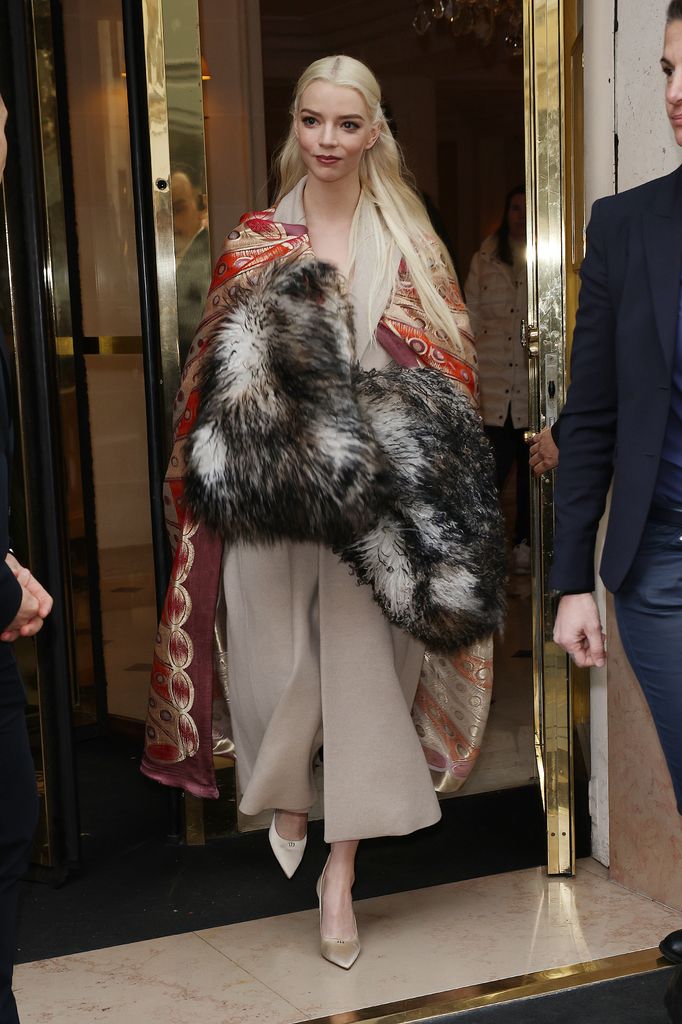 Anya Taylor-Joy leaving her hotel ahead of Christian Dior during the Haute Couture Spring Summer 2026 as part of Paris Fashion Week on January 26, 2026 in Paris, France