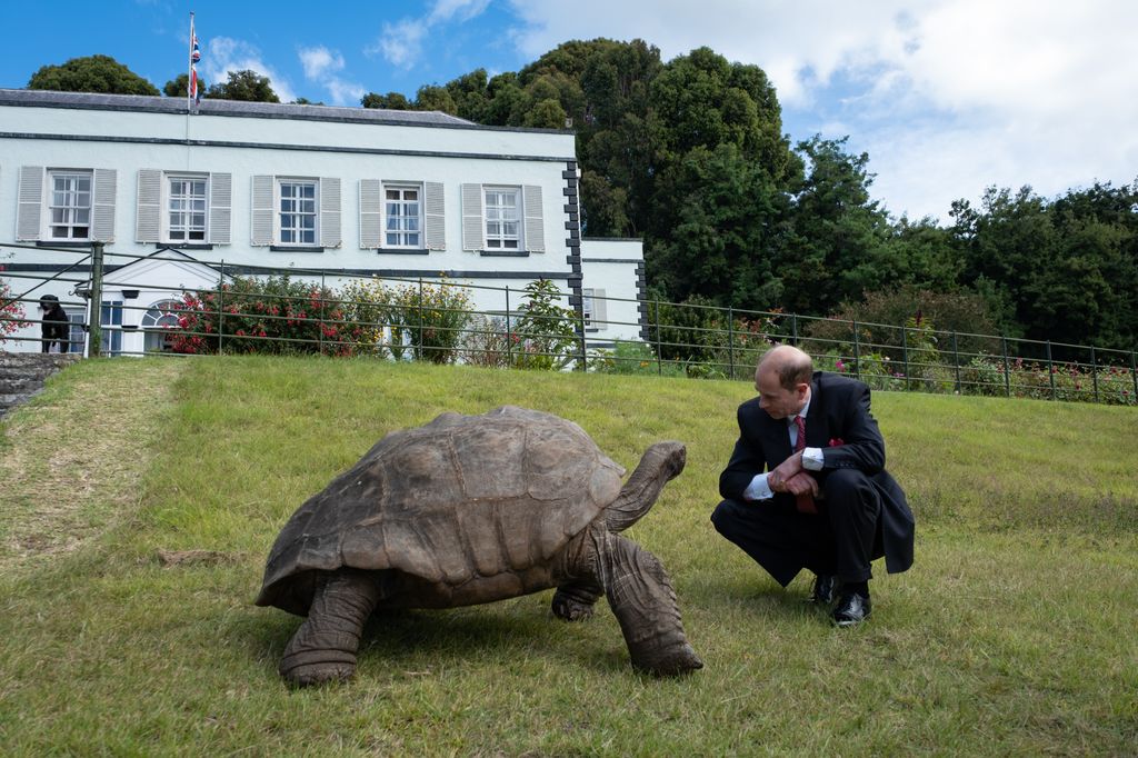Prince Edward with Jonathan the tortoise in St Helena