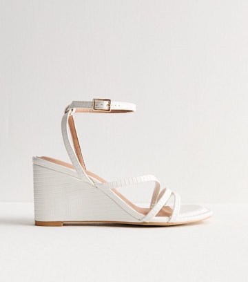 White Croc-Embossed Strappy Wedge Sandals