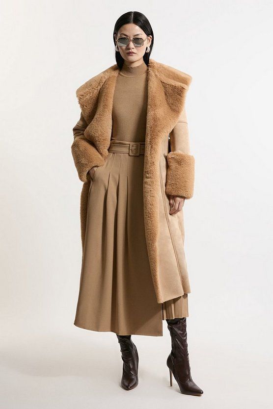 Karen Millen Faux Shearling Collar & Cuff Belted Midi Coat