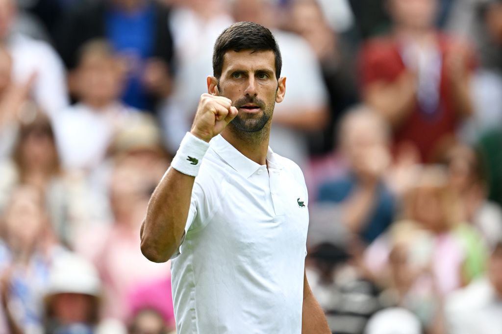 Novak Djokovic holds up fist as he celebrates win at Wimbledon