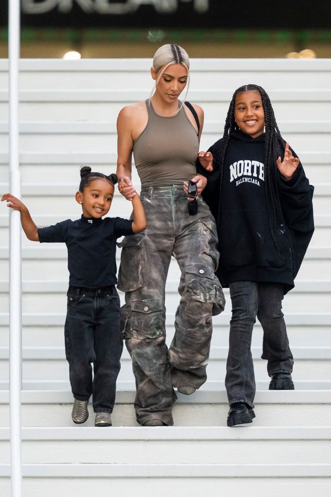 EAST RUTHERFORD, NEW JERSEY - JULY 12: (L-R) Chicago West, Kim Kardashian and North West are seen at the American Dream Mall on July 12, 2022 in East Rutherford, New Jersey. (Photo by Gotham/GC Images)