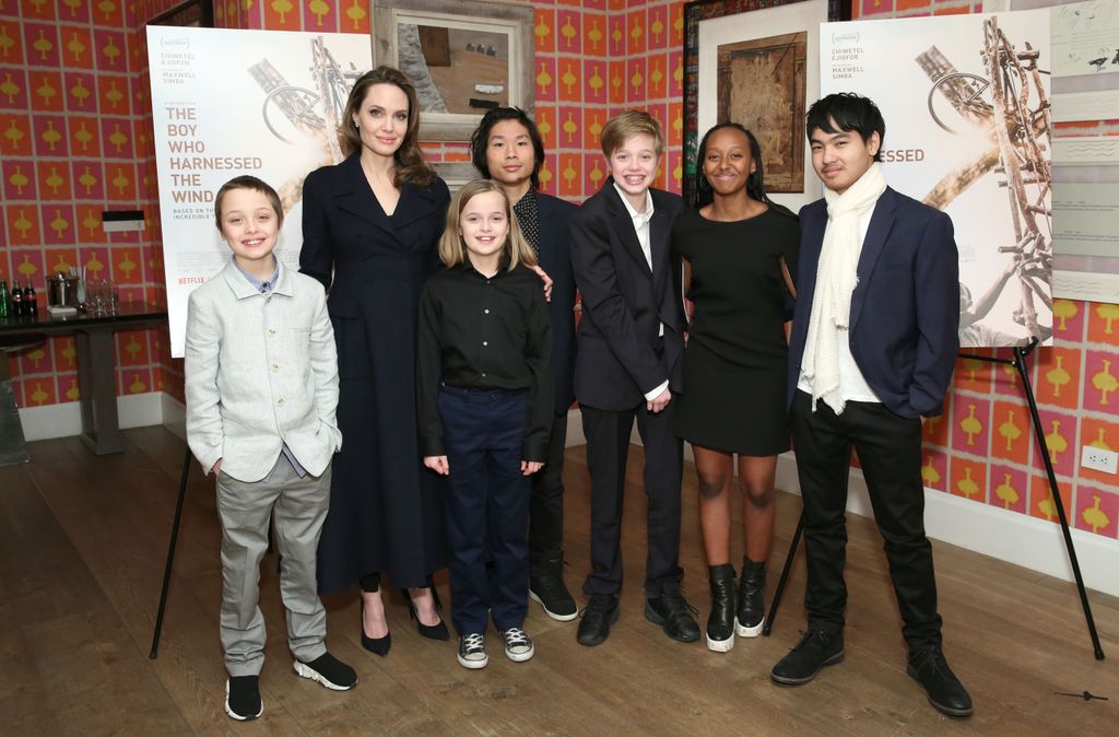 Angelina Jolie with children Knox Leon Jolie-Pitt, Vivienne Marcheline Jolie-Pitt, Pax Thien Jolie-Pitt, Shiloh Nouvel Jolie-Pitt, Zahara Marley Jolie-Pitt and Maddox Chivan Jolie-Pitt attend "The Boy Who Harnessed The Wind" Special Screening at Crosby Street Hotel on February 25, 2019 in New York City.