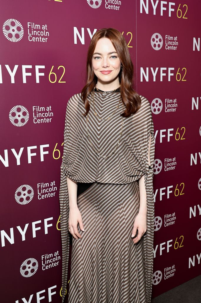 Emma Stone poses backstage during the screening of "A Real Pain" during the 62nd New York Film Festival at Alice Tully Hall, Lincoln Center on October 05, 2024 in New York City.