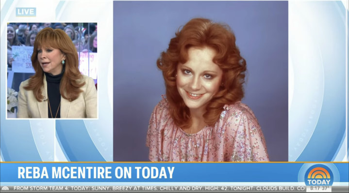 Reba Entire in cream blazer on today show next to throwback photo