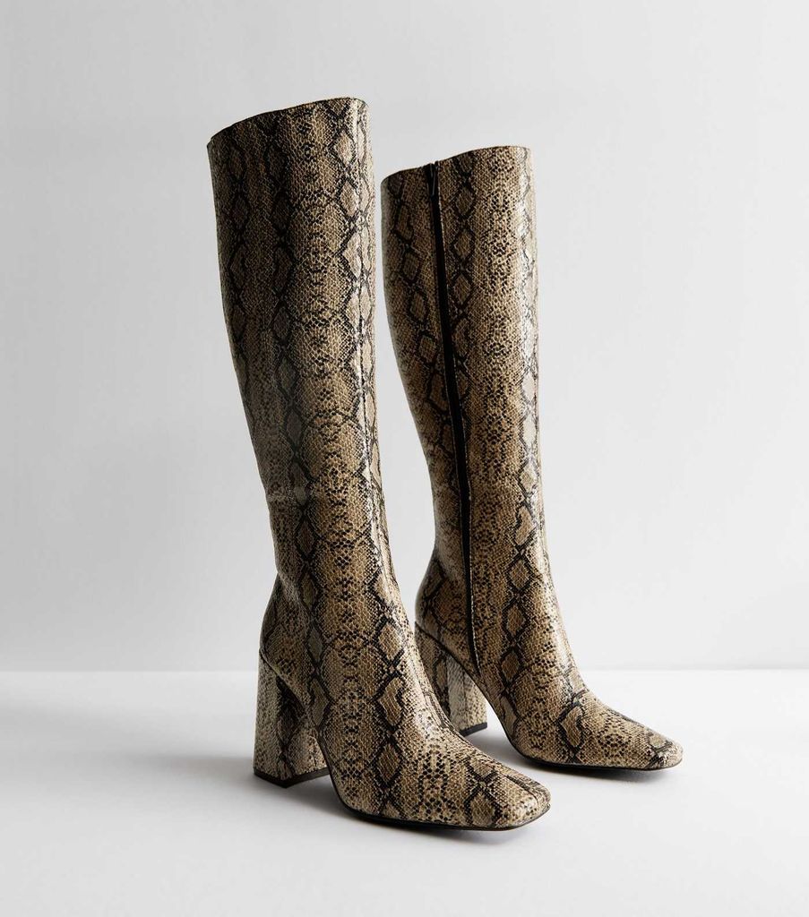 Brown Faux Snakeskin Block Heel Knee High Boots From New Look