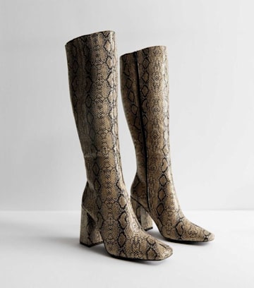 Brown Faux Snakeskin Block Heel Knee High Boots From New Look