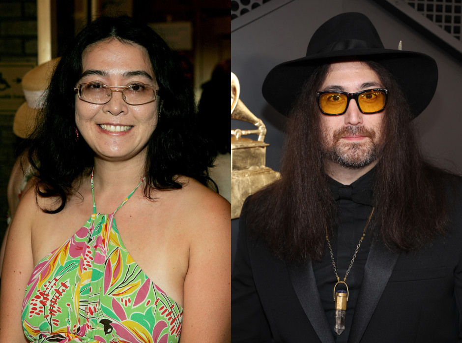 Image partagée de Kyoko Chan Cox dans une robe dos nu à fleurs verte et de Sean Lennon dans un costume noir aux Grammys.