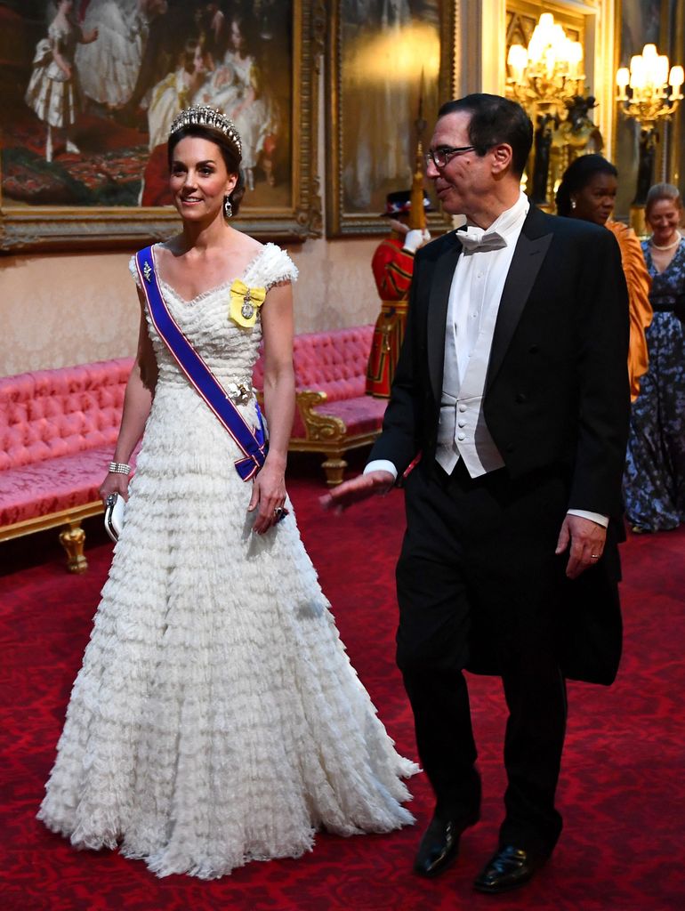 Kate wearing white Alexander McQueen gown and Lover's Knot tiara to US state banquet in 2019