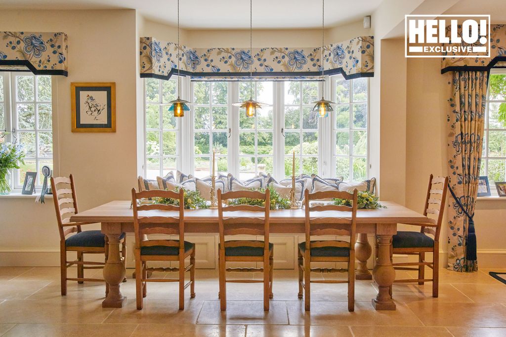 Charlie and Yoanna Hanbury dining room with blue floral blinds