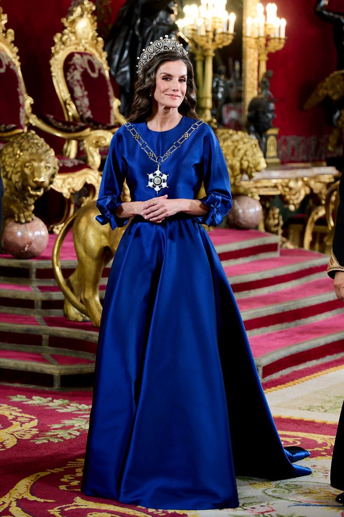 Queen Letizia in the Royal Palace in royal blue dress and tiara
