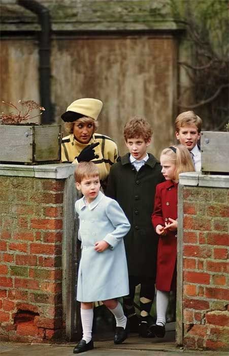 Princess Diana leads Prince William, Peter and Zara Phillips out of Windsor Castle chapel