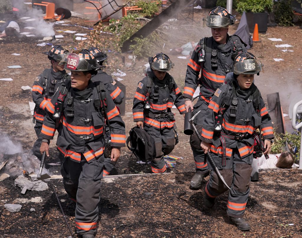 Rob Lowe (L) and Natacha Karam (R) in the series finale "Homecoming" episode of 911: Lone Star