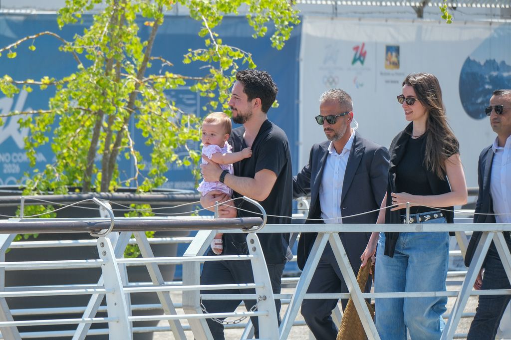 Crown Prince of Jordan Hussein bin Abdullah, Rajwa Al Hussein and their daughter Iman Bint Hussein  departs from Venice Marco Polo airport