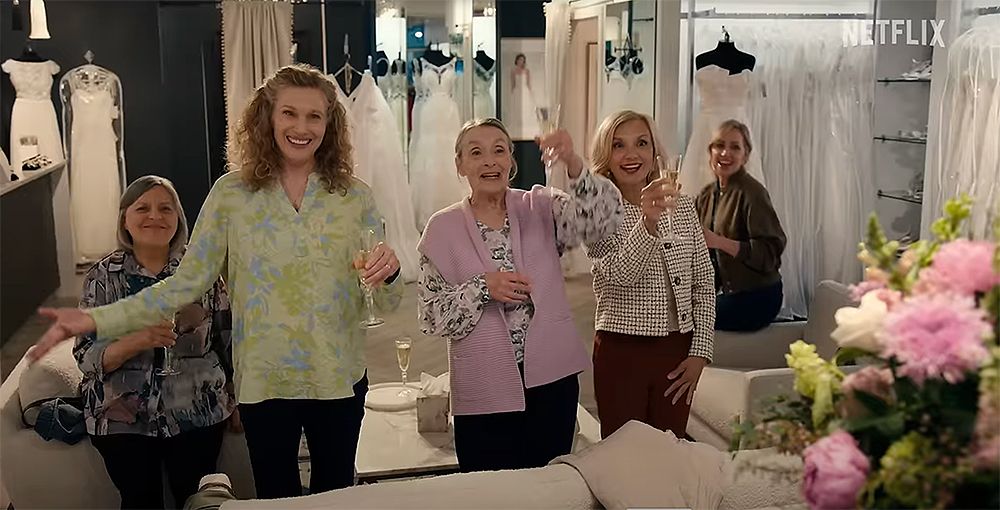 Connie, Jo Ellen, Lydia, Muriel and Brie in a wedding dress store