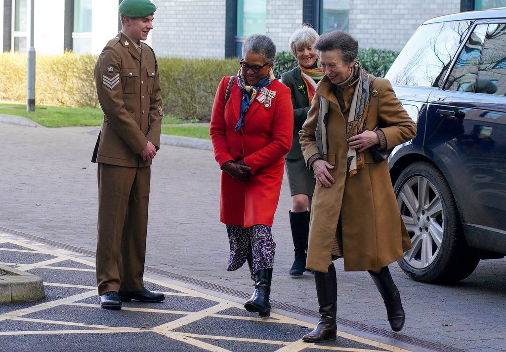 Princess Anne wearing brown coat at Southmead hospital